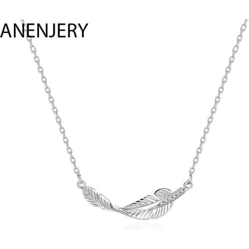 ANENJERY Temperament Leaf Feather Pendant Necklace for Women Clavicle Chain Zircon Necklace Jewelry S-N686
