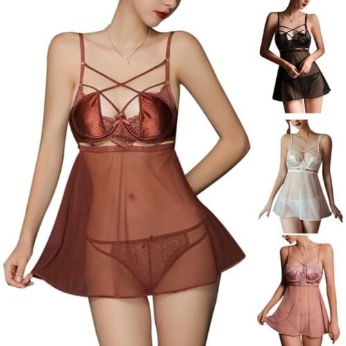 Women Sexy Spaghetti Strap Sheer Mesh Mini Lingerie Dress with Lace Panties Set Hollow Out Backless Nightgown Sleepwear