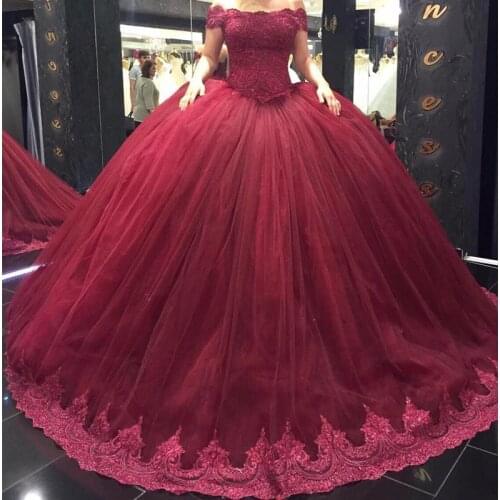 2020 Burgundy Ball Gown Wedding Dresses Short Lace Straps Off Shoulder Princess Wedding Dress Plus Size vestidos de novia