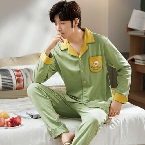 Winter Cardigan Men Pajamas Set Fashion Green Color Matching Pajamas Cute Avocado Print Nightwear Warm Long-sleeved Sleepwear