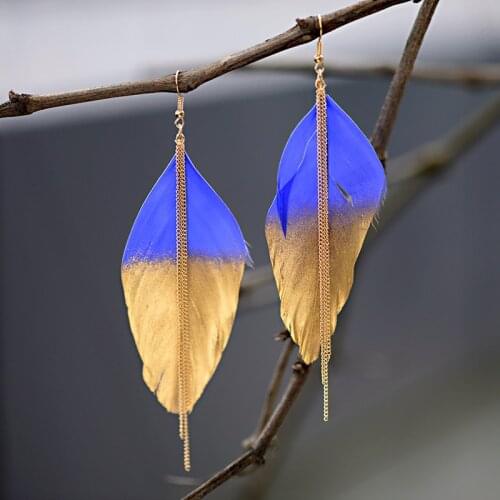 2019 Womens Gold&Blue Feather Earrings Long Chain Dangle Earrings Big Tribe Bohemia Drop Earrings Oorbellen Hangers HQE1065