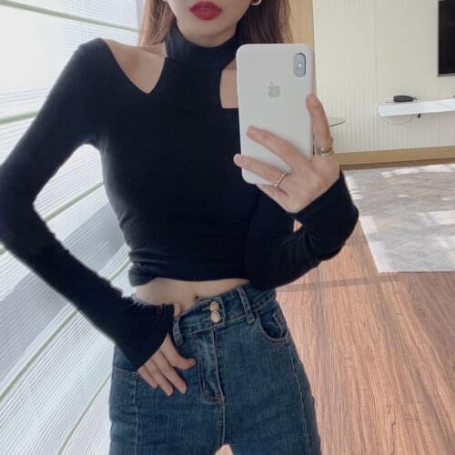 2021 sexy and club fashion female T-shirt long sleeve off shoulder solid color lady Tshirt autumn basic tees Women T shirts