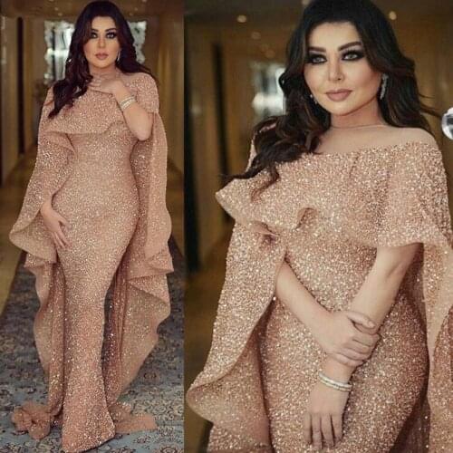 Sparkly Glitter Sequin Evening Dress Long 2020 Mermaid Rose Gold Dubai Saudi Arabic Formal Dress Prom Party Gown Robe De Soiree