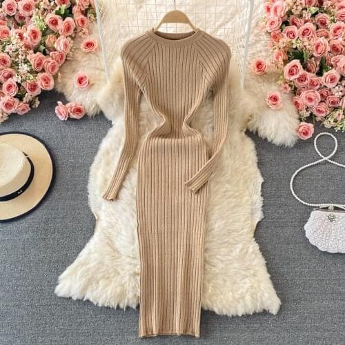 Croysier Dresses For Women 2021 Elegant Sexy Metallic Ribbed Knitted Bodycon Dress Long Sleeve Crew Neck Fall Winter Midi Dress