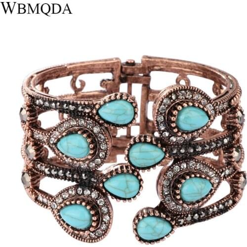 Ethnic Blue Stone Crystal Peacock Feather Wide Bracelets For Women Vintgae Indian Bangles Antique Gold Bohemian Jewelry