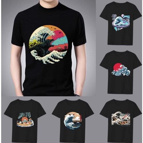 T-shirt Mens Classic Black Anime Street Sunset Wave Series Fashion Casual Simple O-neck Youth Commuter Wear Comfortable Top