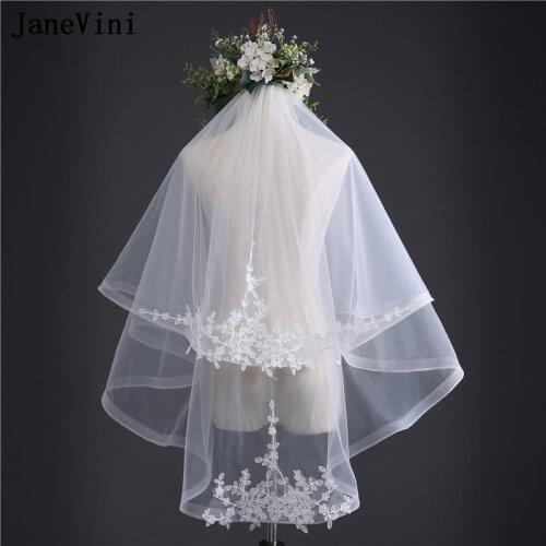 JaneVini 2018 Charming Ivory Short Wedding Veils Ribbon Edge Two Layer Appliques Wedding Accessories Tulle Bridal Veil with Comb
