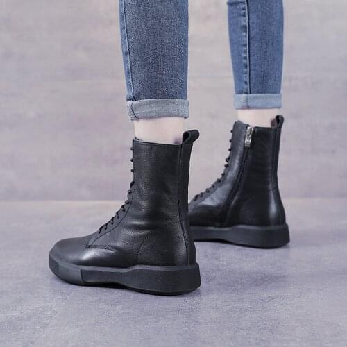 Leather Short Boots Womens Shoes Autumn and Winter New All-match Flat-bottom Single Boots Mid-tube Boots First Layer Cowhide