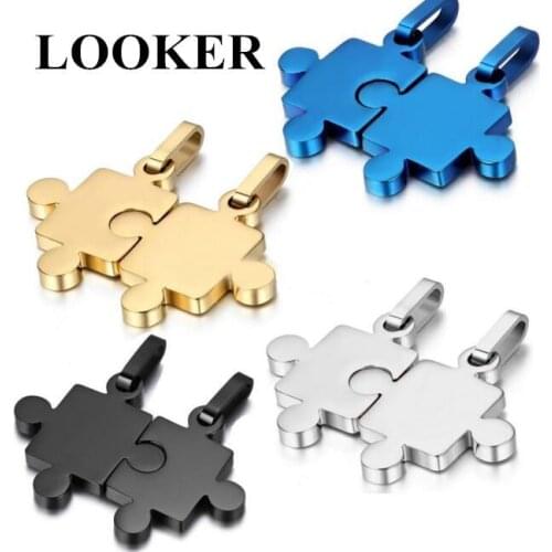 LOOKER 2pcs Mens Womens Couples Stainless Steel Puzzle Pendant Love Necklace Set 4 Colors Available