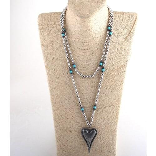 Fashion Bohemian Tribal Jewelry Metal Beads / Turq Long Knotted Heart Pendant Necklace For Women Lariat Necklaces
