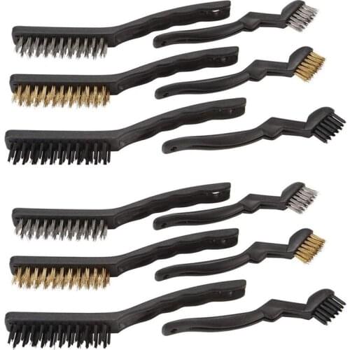 Wire Brush Set 12Pc 7 and 9 Inch Nylon/Brass/Stainless Steel Bristles PP Handle Grip for Rust Dirt & Paint Scrubbing