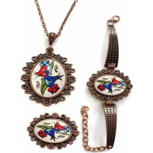 Jewelry Set Necklace, Ring, Bracelet handmade iznik tile Ceramic processing Tile Mosaic Patterned Necklace