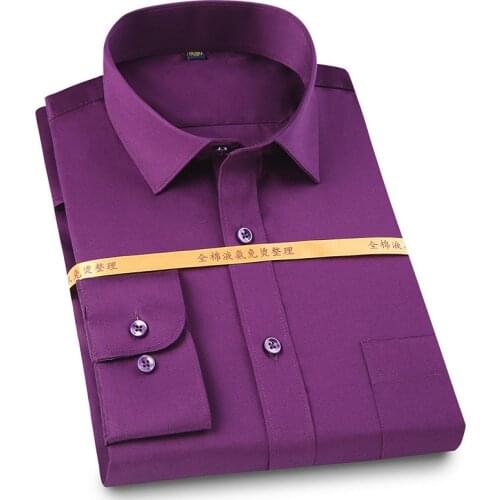 Solid plain 100% cotton long sleeved men dress shirts square collar non-iron wrinkle resistant easy care soft tops for business