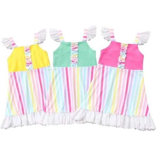 Girls Casual Princess Dress, Square Collar Fly Sleeves Stripe Printed Pattern Gwon, Rosy/ Lake green/ Yellow 1-5T
