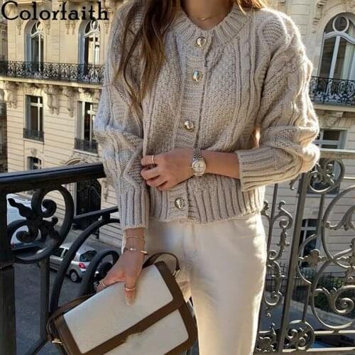 Colorfaith New 2020 Autumn Winter Womens Sweaters Buttons Short Cardigans Oversize Elegant Vintage Korean Ladies Tops SWC1800