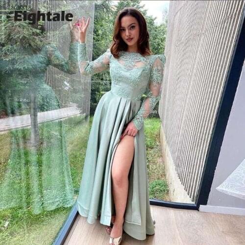 Eightale Arabic Evening Dresse Green Appliques Side Split Sain Vintage Prom Gown Long Sleeves Dubai Party Dress 2021