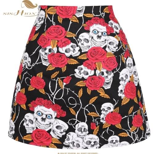 SISHION Rose Skull Print Sexy Black Mini Skirt SS0008 Women Ladies Cotton Halloween Party Floral Skirt Short Vintage Skirts