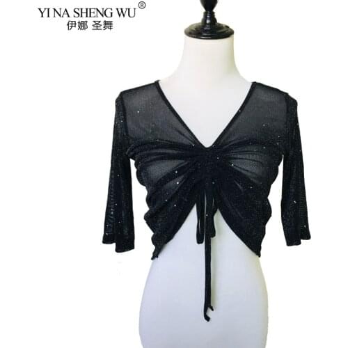 Women Dance Top Belly Dance Costume Sexy Transparent Silver Mesh Half Sleeve Tops&Tees Indian Oriental Dance Tops Practice Wear