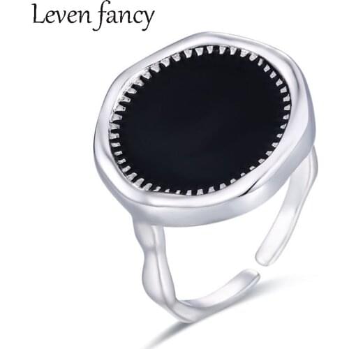 Black Epoxy Geometry 925 Sterling Silver Jewelry Creative Round Opening Rings Geometric Band for Women Girls Birthday Gifts