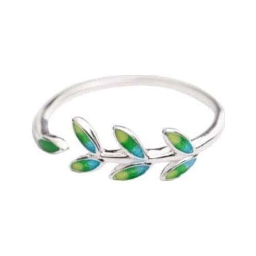 Season Gate 925 Sterling Silver Creative Fashion Elegant Green Leaves Adjustable Size Open Ring for Women Girls SR008