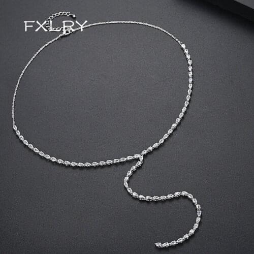 FXLRY New Luxury Water Drop CZ Stone White Color Female Choker Long Chain Pendant Necklace for Women Wedding Dating