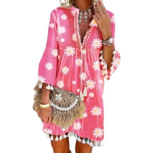 Women Daisy Print Dress, Adults Tie Up High Waisted Flare Sleeve V-neck Fringe
