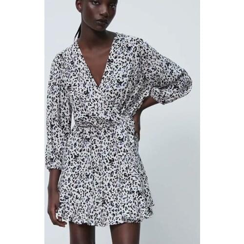 ZA Summer Women Dress Spot Printed Puff Sleeve Dress Office Lady V-neck Long Sleeve Dress Elegant Girls Causal Outfits