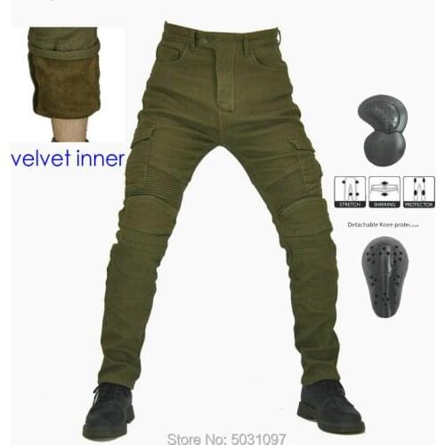Volero Motorcycle Winter Velvet Inner Riding Jeans Army-Green Knight Protective Pants Loose Straight High Flexibility Trousers