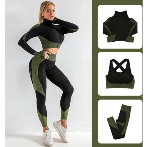 Seamless Women Yoga Set Long Sleeve Sport Bra High Waist Leggings Fitness Suits Zipper Knit Hip Lifting Running Suit 2/3PCS