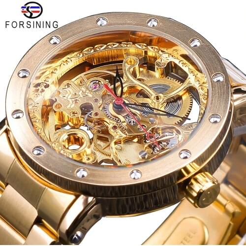 Forsining 2019 Fashion Full Golden Clock Flower Transparent Watches Black Red Pointer Mens Automatic Watches Top Brand Luxury