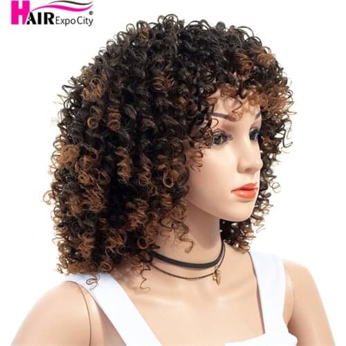 Short Wig Afro Kinky Curly Wig With Bangs Synthetic Wigs For Black Women Heat Resistant Mixed Brown and Blond Hair Expo City