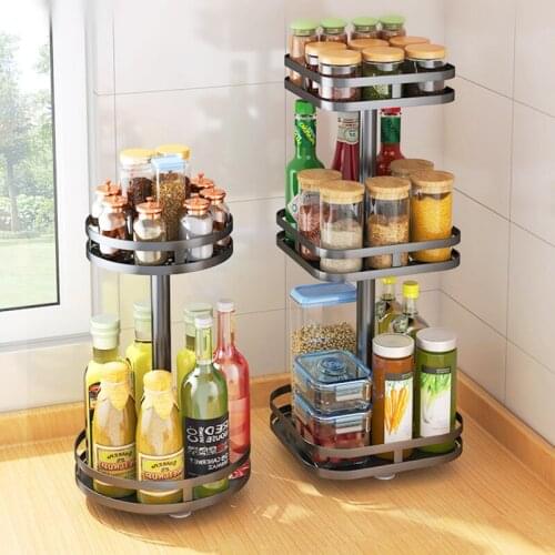 Punch-free stainless steel kitchen spice rack multi-functional table corner oil salt sauce storage stand simple rotating shelf