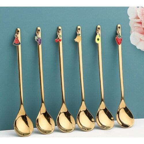 Stainless Steel Spoons Stirring Spoon with Fruit Pendant Coffee Mixing Spoon Dessert Spoon Table Decor Party Gift Kitchen Tool