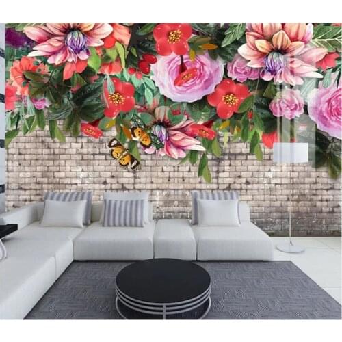 WDBH custom mural 3d photo wallpaper Retro brick wall european flower butterfly tv background room wallpaper for walls 3 d