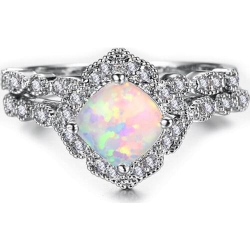 Luxury Female White Blue Opal Ring Set Crystal Silver Color Wedding Rings For Women Trendy Bridal Promise Square Engagement Ring
