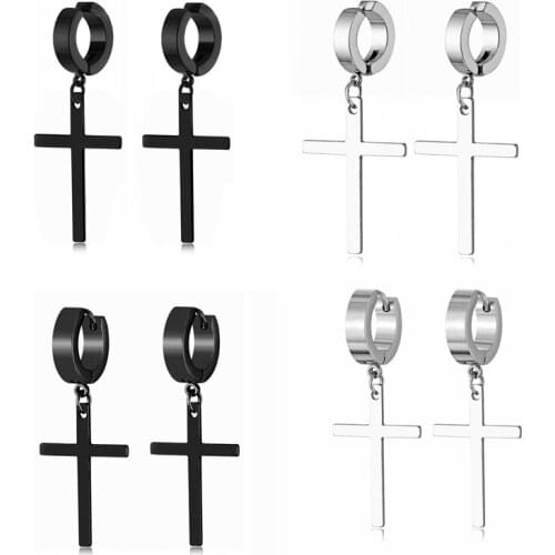 Hinged Huggie Cross Earrings Dangle Hinged Men Earrings Stainless Steel Cross Hoop Earrings for Men and Women ,Silver,Black
