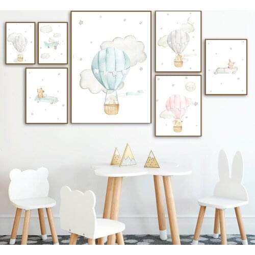 Elephant Bear Rabbit Fox Balloon Aircraft Wall Art Canvas Painting Nordic Posters And Prints Wall Pictures Baby Kids Room Decor