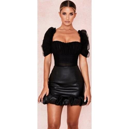 Sexy women dress set 2pcs dress set PU mini skirt and lace bodysuit party elegant lady dress set two piece 2019 New fashion