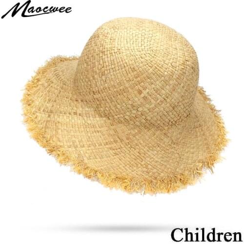 Girl Solid Straw Hats Dome Top Big Brim Baby Boy Children Straw Ribbons Beach Hat Cap for Teenage Panama Vacation Trilby Hat