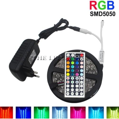 LED Strip Light SMD 5050 RGB Strip Ribbon Diode Tape RGB 5050 DC 12V 5M 10M Flexible Strip Full Set DIY Controller and Adapter