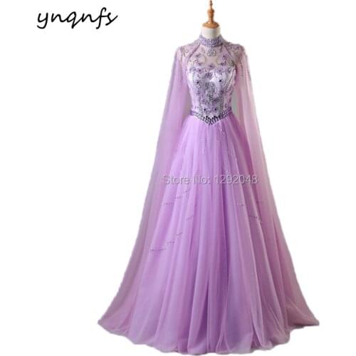 YNQNFS E1 Robe Soiree Dubai Real Sample Soft Tulle Cloak Cape Long Sleeves Lilac Crystal Luxury Evening Dresses Long 2019