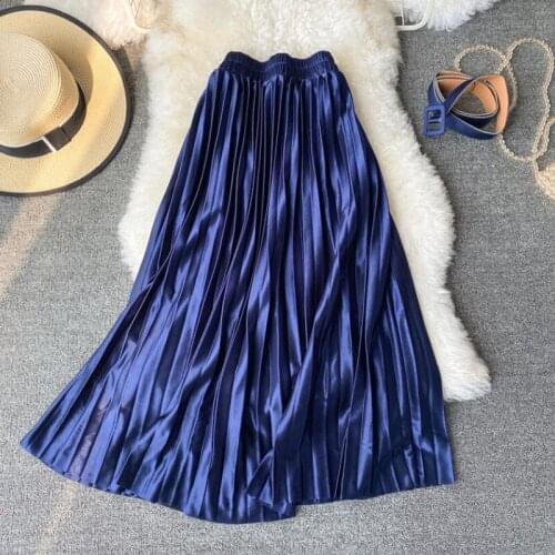 Vintage New Womens Skirts Elastic High Waist A-line Solid Color Pleated Skirt Female Streetwear Midi Skirt Casual Clothes