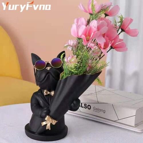 YuryFvna 23CM Modern Resin Bouquet French Bulldog Dog Statue Vase Flower Arrangement Artist Home Decoration Gift