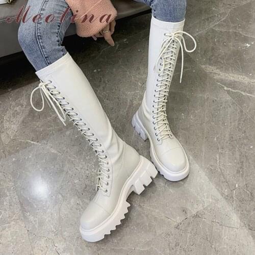 Meotina Platform High Heel Women Boots Real Leather Knee High Boots Zip Thick Heel Long Boots Lace Up Ladies Shoes Autumn Winter