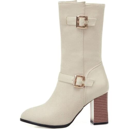 Fashion Buckle Mid-calf Boots Women Square Heeled Womens Boots 2021 Autumn Winter Flock Red Black Beige Shoes Ladies Large Size