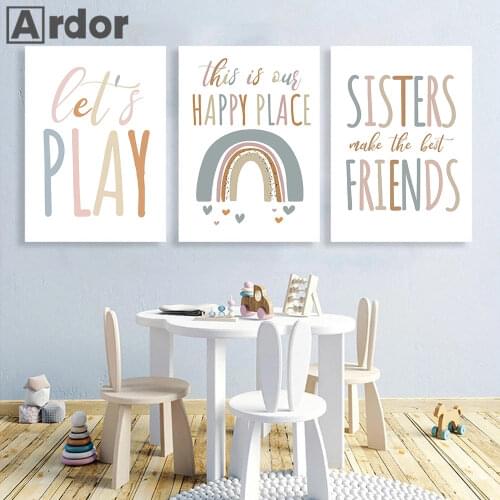 Abstract Rainbow Wall Art Canvas Painting Sisters Friends Love Quotes Canvas Painting Baby Nursery Print Nordic Kids Room Decor