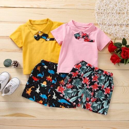 Toddler Kids Cute Suit Set Summer Cartoon Patterns Turn-Down Collar Short Sleeve Tops with Bowknot+ Shorts 18 Months-6 Years