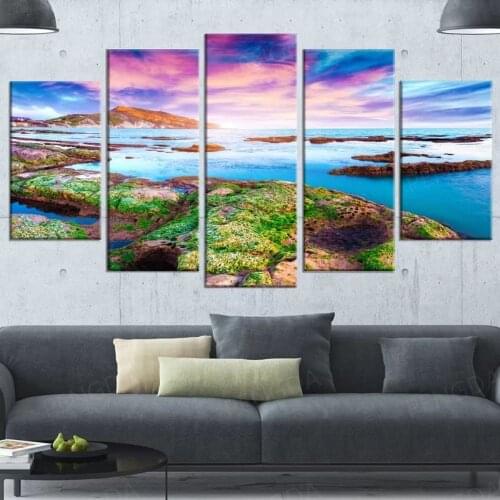 Home Decor Bedroom Sunset Poster HD Prints Wall Art 5 Panel Sea Colorful Cloud Canvas Painting Modular Landscape Pictures Frame
