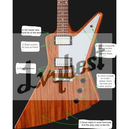 Customized electric guitar with E shape.body pieces with veneer top and back, sharp corner on headstock,right logo position