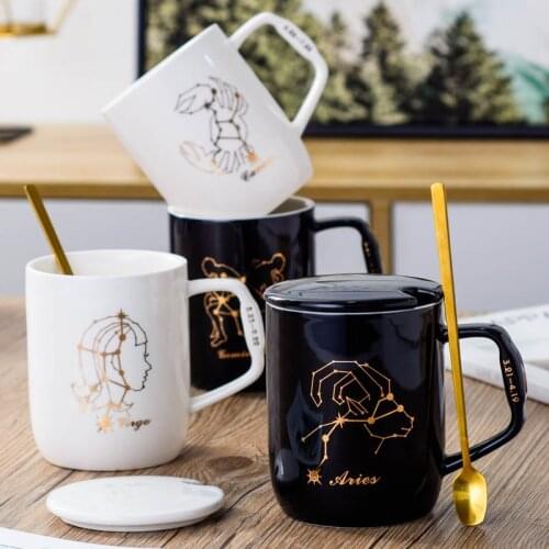 12 Constellation Ceramic Mug with Covered Spoon Creative Black and White Couple Coffee Cup ins Water Cup